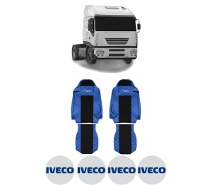 Set Huse Scaune Camion Tir Iveco STRALIS I din 2002-2013, Auto, Model ELEGANCE Q, Culoare Albastru, 4x Stickere auto cu Iveco