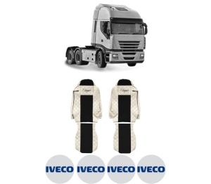 Set Huse Scaune Camion Tir Iveco STRALIS II din 2012-2017, Auto, Model ELEGANCE Q, Culoare Bej, 4x Stickere auto cu Iveco