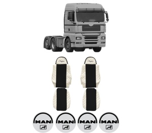 Set Huse Scaune Camion Tir MAN TGA din 1999-2012, Auto, Model ELEGANCE Q, Culoare Bej, 4x Stickere auto cu MAN