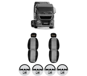 Set Huse Scaune Camion Tir MAN TGX I din 2006-2021, Auto, Model CLASSIC, Culoare Gri, 4x Stickere auto cu MAN