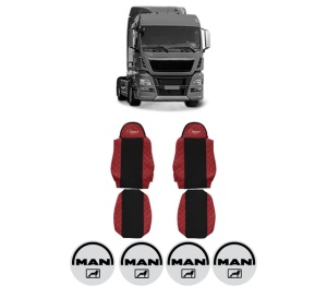 Set Huse Scaune Camion Tir MAN TGX I din 2006-2021, Auto, Model ELEGANCE Q, Culoare Rosu, 4x Stickere auto cu MAN