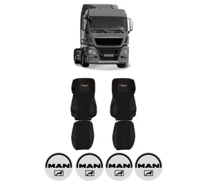 Set Huse Scaune Camion Tir MAN TGX I din 2006-2021, Auto, Model ELEGANCE Q, Culoare Negru/Rosu, 4x Stickere auto cu MAN