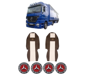 Set Huse Scaune Camion Tir MERCEDES-BENZ ACTROS MP2 / MP3 din 2002-2009, Auto, Model ELEGANCE Q, Culoare Bej, 4x Stickere auto cu MERCEDES-BENZ