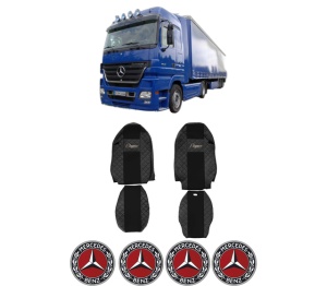 Set Huse Scaune Camion Tir MERCEDES-BENZ ACTROS MP2 / MP3 din 2002-2009, Auto, Model ELEGANCE Q, Culoare Negru, 4x Stickere auto cu MERCEDES-BENZ