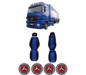 Set Huse Scaune Camion Tir MERCEDES-BENZ ACTROS MP2 / MP3 din 2002-2009, Auto, Model CLASSIC, Culoare Albastru, 4x Stickere auto cu MERCEDES-BENZ