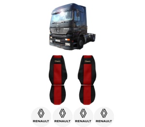 Set Huse Scaune Camion Tir RENAULT TRUCKS ACTROS din 1996-2003, Auto, Model CLASSIC, Culoare Rosu, 4x Stickere auto cu RENAULT TRUCKS