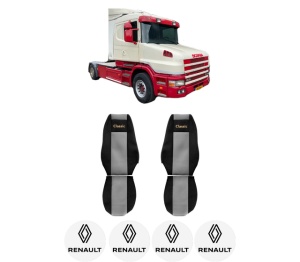 Set Huse Scaune Camion Tir RENAULT TRUCKS T din 2004-2019, Auto, Model CLASSIC, Culoare Gri, 4x Stickere auto cu RENAULT TRUCKS