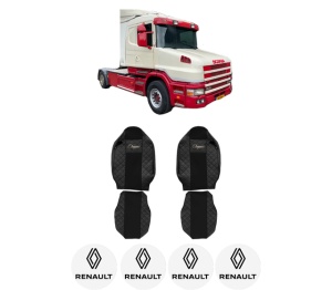Set Huse Scaune Camion Tir RENAULT TRUCKS T din 2004-2019, Auto, Model ELEGANCE Q, Culoare Negru, 4x Stickere auto cu RENAULT TRUCKS