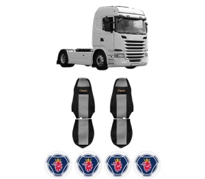 Set Huse Scaune Camion Tir SCANIA G I din 2003-2019, Auto, Model CLASSIC, Culoare Gri, 4x Stickere auto cu SCANIA