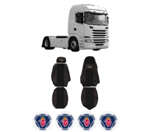 Set Huse Scaune Camion Tir SCANIA G I din 2003-2019, Auto, Model ELEGANCE Q, Culoare Negru/Rosu, 4x Stickere auto cu SCANIA