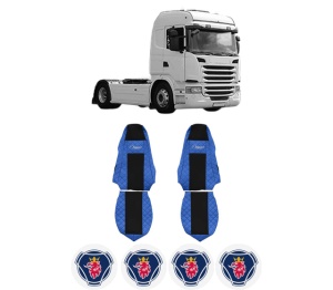 Set Huse Scaune Camion Tir SCANIA G I din 2003-2019, Auto, Model ELEGANCE Q, Culoare Albastru, 4x Stickere auto cu SCANIA