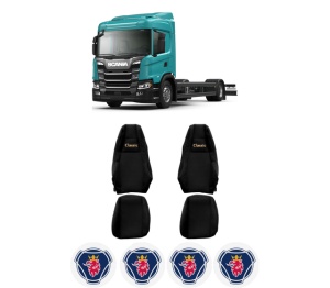 Set Huse Scaune Camion Tir SCANIA G II din 2017-2023, Auto, Model CLASSIC, Culoare Negru, 4x Stickere auto cu SCANIA