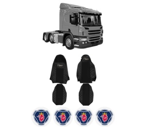 Set Huse Scaune Camion Tir SCANIA P I din 2003-2019, Auto, Model ELEGANCE Q, Culoare Negru, 4x Stickere auto cu SCANIA