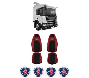 Set Huse Scaune Camion Tir SCANIA P II din 2017-2023, Auto, Model ELEGANCE Q, Culoare Rosu, 4x Stickere auto cu SCANIA
