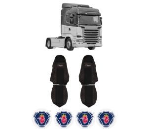 Set Huse Scaune Camion Tir SCANIA R I din 2004-2019, Auto, Model ELEGANCE Q, Culoare Negru/Rosu, 4x Stickere auto cu SCANIA