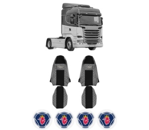 Set Huse Scaune Camion Tir SCANIA R I din 2004-2019, Auto, Model ELEGANCE Q, Culoare Gri, 4x Stickere auto cu SCANIA