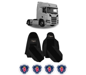 Set Huse Scaune Camion Tir SCANIA R II din 2016-2024, Auto, Model ELEGANCE S, Culoare Negru, 4x Stickere auto cu SCANIA