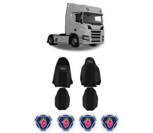 Set Huse Scaune Camion Tir SCANIA R II din 2016-2024, Auto, Model ELEGANCE Q, Culoare Negru, 4x Stickere auto cu SCANIA