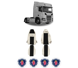 Set Huse Scaune Camion Tir SCANIA R II din 2016-2024, Auto, Model ELEGANCE Q, Culoare Bej, 4x Stickere auto cu SCANIA