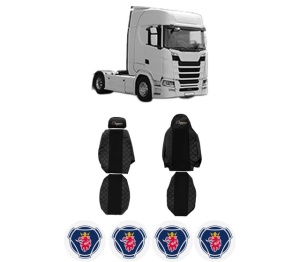 Set Huse Scaune Camion Tir SCANIA S din 2016-2023, Auto, Model ELEGANCE Q, Culoare Negru, 4x Stickere auto cu SCANIA