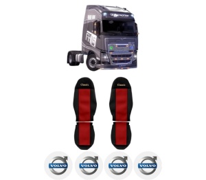 Set Huse Scaune Camion Tir VOLVO FH16 II din 2012-2014, Auto, Model CLASSIC, Culoare Rosu, 4x Stickere auto cu VOLVO