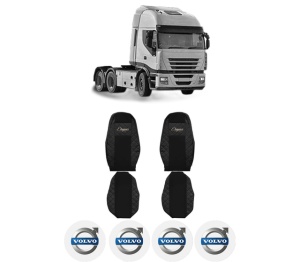 Set Huse Scaune Camion Tir VOLVO STRALIS II din 2012-2017, Auto, Model ELEGANCE Q, Culoare Negru, 4x Stickere auto cu VOLVO