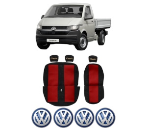 Set Huse Scaune Camion Tir VW TRANSPORTER T5 Platform/Chassis (7JD, 7JE, 7JL, 7JY, 7JZ, 7F din 2003-2015, Auto, Model CLASSIC, Culoare Rosu, 4x Stickere auto cu VW