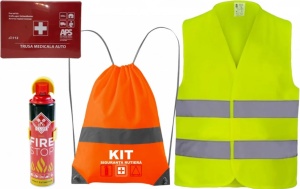 Set Kit siguranta auto cu saculet compact ce contine - Stingator spray 1kg, Trusa Medicala omolgata R.A.R, Vesta Reflectorizanta, Breloc Cadou CHEVROLET, compatibil cu orice autoturism. - Img 2