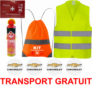 Set Kit siguranta auto cu saculet compact ce contine - Stingator spray 1kg, Trusa Medicala omolgata R.A.R, Vesta Reflectorizanta, Stickere Cadou CHEVROLET, compatibil cu orice autoturism accesorii pentru autoturismul tau - masina v67716