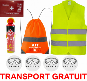 Set Kit siguranta auto cu saculet compact ce contine - Stingator spray 1kg, Trusa Medicala omolgata R.A.R, Vesta Reflectorizanta, Stickere Cadou INFINITI, compatibil cu orice autoturism accesorii pentru autoturismul tau - masina v67676