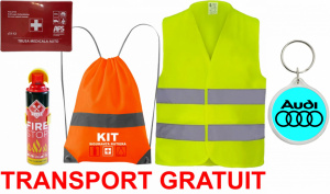 Set Kit siguranta auto cu saculet compact ce contine - Stingator spray 1kg, Trusa Medicala omolgata R.A.R, Vesta Reflectorizanta, Breloc Cadou AUDI , compatibil cu orice autoturism. accesorii pentru autoturismul tau - masina v67576