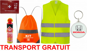 Set Kit siguranta auto cu saculet compact ce contine - Stingator spray 1kg, Trusa Medicala omolgata R.A.R, Vesta Reflectorizanta, Breloc Cadou HONDA, compatibil cu orice autoturism. accesorii pentru autoturismul tau - masina v67536
