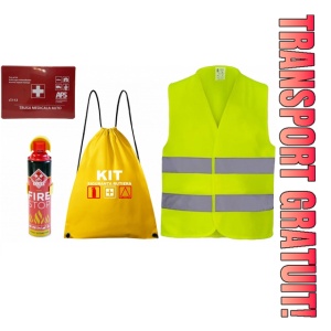 Set Kit siguranta auto cu saculet compact ce contine - Stingator spray 1kg, Trusa Medicala omolgata R.A.R, vesta reflectorizanta compatibil cu orice autoturism