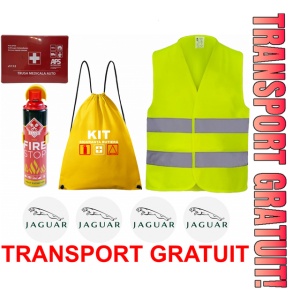 Set Kit siguranta auto cu saculet compact ce contine - Stingator spray 1kg, Trusa Medicala omolgata R.A.R, vesta reflectorizanta, stickere JAGUAR , compatibil cu orice autoturism