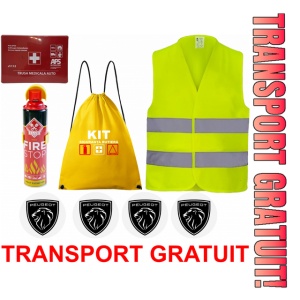 Set Kit siguranta auto cu saculet compact ce contine - Stingator spray 1kg, Trusa Medicala omolgata R.A.R, vesta reflectorizanta, stickere PEUGEOT , compatibil cu orice autoturism