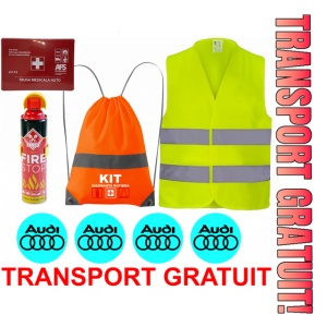 Set Kit siguranta auto cu saculet compact ce contine - Stingator spray 1kg, Trusa Medicala omolgata R.A.R, Vesta Reflectorizanta, Stickere Cadou AUDI , compatibil cu orice autoturism
