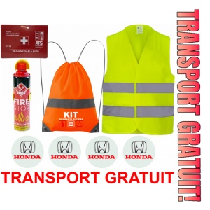 Set Kit siguranta auto cu saculet compact ce contine - Stingator spray 1kg, Trusa Medicala omolgata R.A.R, Vesta Reflectorizanta, Stickere Cadou HONDA, compatibil cu orice autoturism