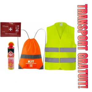 Set Kit siguranta auto cu saculet compact ce contine - Stingator spray 1kg, Trusa Medicala omolgata R.A.R, Vesta Reflectorizanta, Breloc Cadou CHEVROLET, compatibil cu orice autoturism.