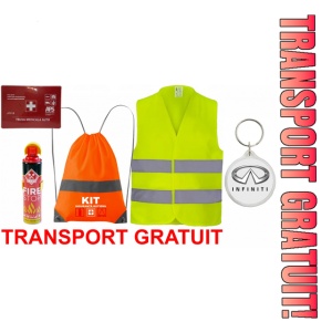 Set Kit siguranta auto cu saculet compact ce contine - Stingator spray 1kg, Trusa Medicala omolgata R.A.R, Vesta Reflectorizanta, Breloc Cadou INFINITI, compatibil cu orice autoturism.