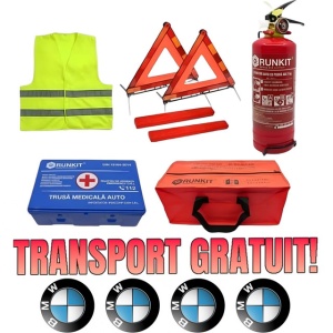 Set Kit siguranta auto omologat R.A.R, Stingator cu manometru 1kg P1 , Trusa Medicala, 2 Triunghiuri Reflectorizante, geanta color - albastra + Stickere Cadou BMW - kit compatibil cu orice autoturism - Img 1