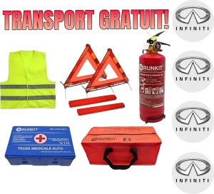 Set Kit siguranta auto omologat R.A.R, Stingator cu manometru 1kg P1 , Trusa Medicala, 2 Triunghiuri Reflectorizante, geanta color - albastra + Stickere Cadou INFINITI- kit compatibil cu orice autoturism