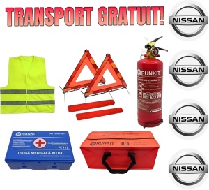Set Kit siguranta auto omologat R.A.R, Stingator cu manometru 1kg P1 , Trusa Medicala, 2 Triunghiuri Reflectorizante, geanta color - albastra + Stickere Cadou NISSAN- kit compatibil cu orice autoturism