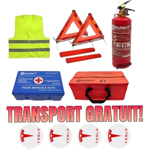 Set Kit siguranta auto omologat R.A.R, Stingator cu manometru 1kg P1 , Trusa Medicala, 2 Triunghiuri Reflectorizante, geanta color - albastra + Stickere Cadou TESLA- kit compatibil cu orice autoturism