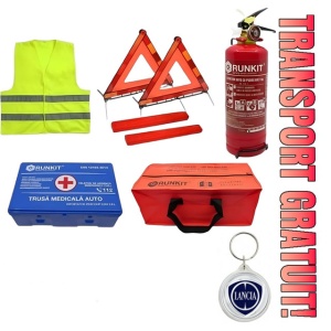 Set Kit siguranta auto omologat R.A.R, Stingator cu manometru 1kg P1 , Trusa Medicala, 2 Triunghiuri Reflectorizante, geanta color - albastra + Breloc Cadou LANCIA- kit compatibil cu orice autoturism