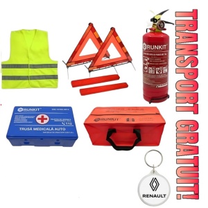 Set Kit siguranta auto omologat R.A.R, Stingator cu manometru 1kg P1 , Trusa Medicala, 2 Triunghiuri Reflectorizante, geanta color - albastra + Breloc Cadou Renault- kit compatibil cu orice autoturism