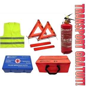 Set Kit siguranta auto omologat R.A.R, Stingator cu manometru 1kg P1 , Trusa Medicala, 2 Triunghiuri Reflectorizante, geanta color - albastra - kit compatibil cu orice autoturism
