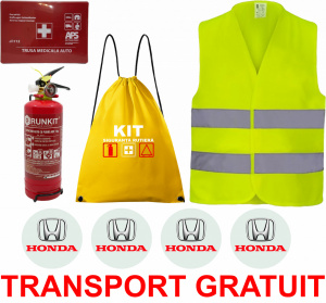 Set Kit siguranta auto OMOLOGAT RAR cu saculet compact ce contine - Stingator cu manometru P1 1kg, Trusa Medicala , Vesta Reflectorizanta, Stickere Cadou HONDA. Compatibil cu orice autoturism. accesorii pentru autoturismul tau - masina v67976