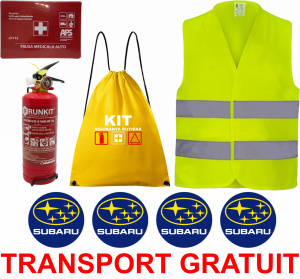 Set Kit siguranta auto OMOLOGAT RAR cu saculet compact ce contine - Stingator cu manometru P1 1kg, Trusa Medicala , Vesta Reflectorizanta, Stickere Cadou Subaru. Compatibil cu orice autoturism. accesorii pentru autoturismul tau - masina v67896