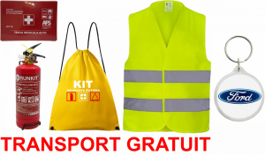 Set Kit siguranta auto OMOLOGAT RAR cu saculet compact ce contine - Stingator cu manometru P1 1kg, Trusa Medicala , Vesta Reflectorizanta, Breloc Cadou FORD. Compatibil cu orice autoturism. accesorii pentru autoturismul tau - masina v67836