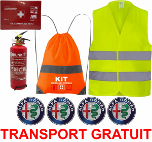 Set Kit siguranta auto OMOLOGAT RAR cu saculet compact ce contine - Stingator cu manometru P1 1kg, Trusa Medicala , Vesta Reflectorizanta, Stickere Cadou Alfa Romeo . Compatibilitate cu orice autoturism accesorii pentru autoturismul tau - masina v67376